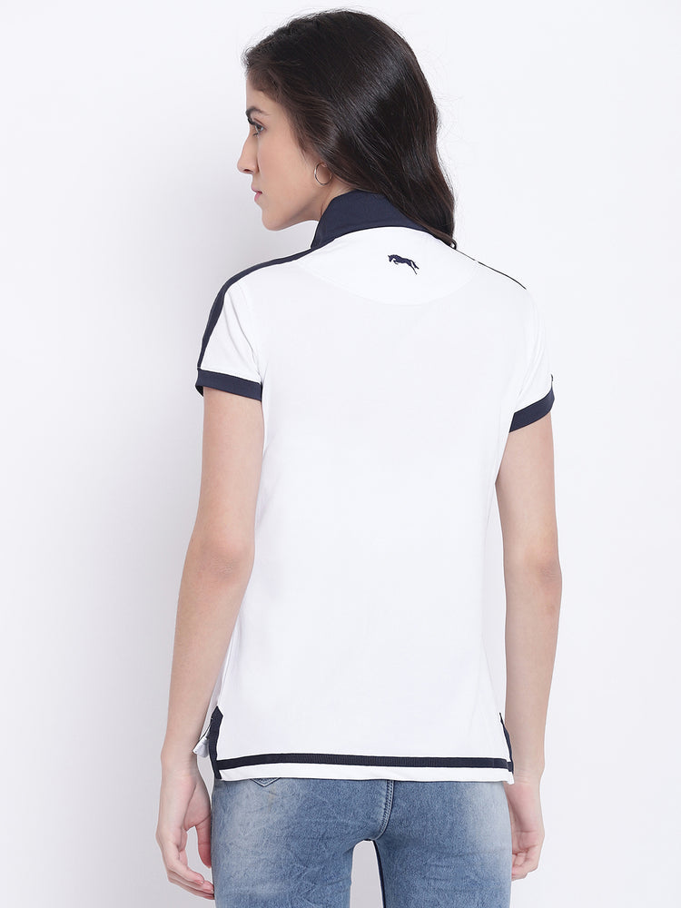 Women White Casual Polo Collar T-Shirt - JUMP USA