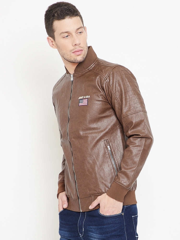 JUMP USA Tan Solid Casual PU Leather Varsity Jacket - JUMP USA