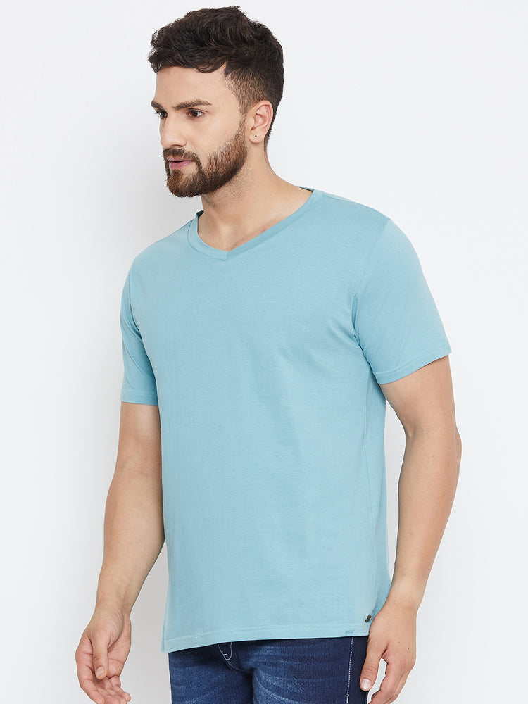 Men Blue Solid V Neck T-shirt - JUMP USA