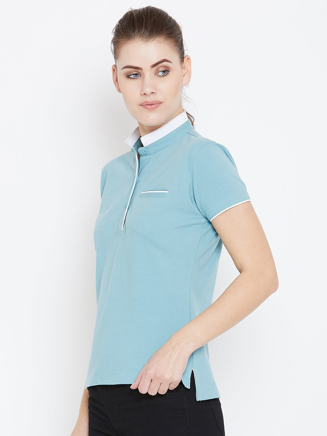 Women Blue Solid Casual Polo T shirts