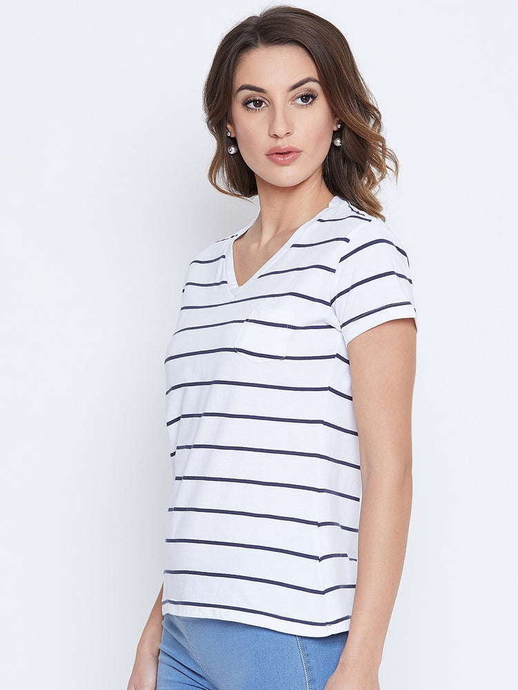 JUMP USA Women Navy Blue Striped V-neck T-shirt - JUMP USA