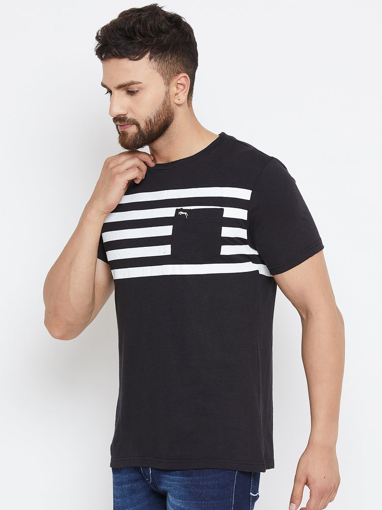 Men Black Striped Round Neck T-shirt - JUMP USA