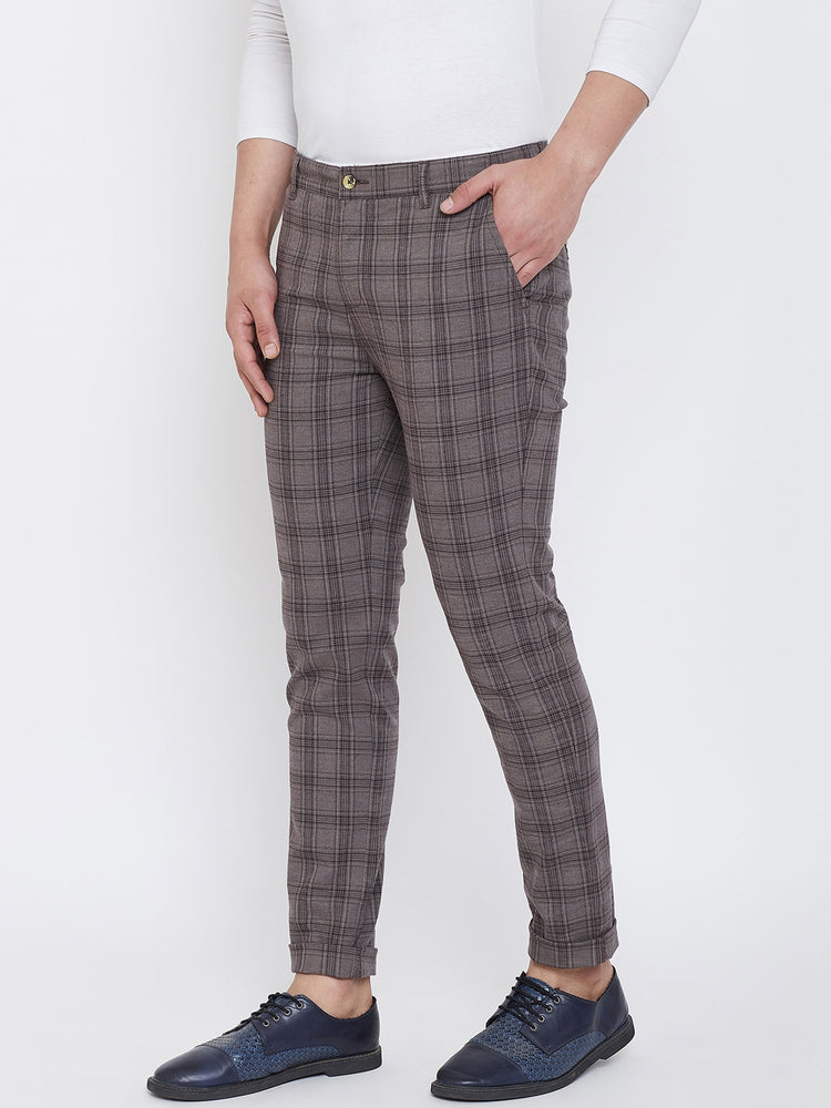 JUMP USA Men Grey Check Slim Fit Cotton Casual Trousers - JUMP USA