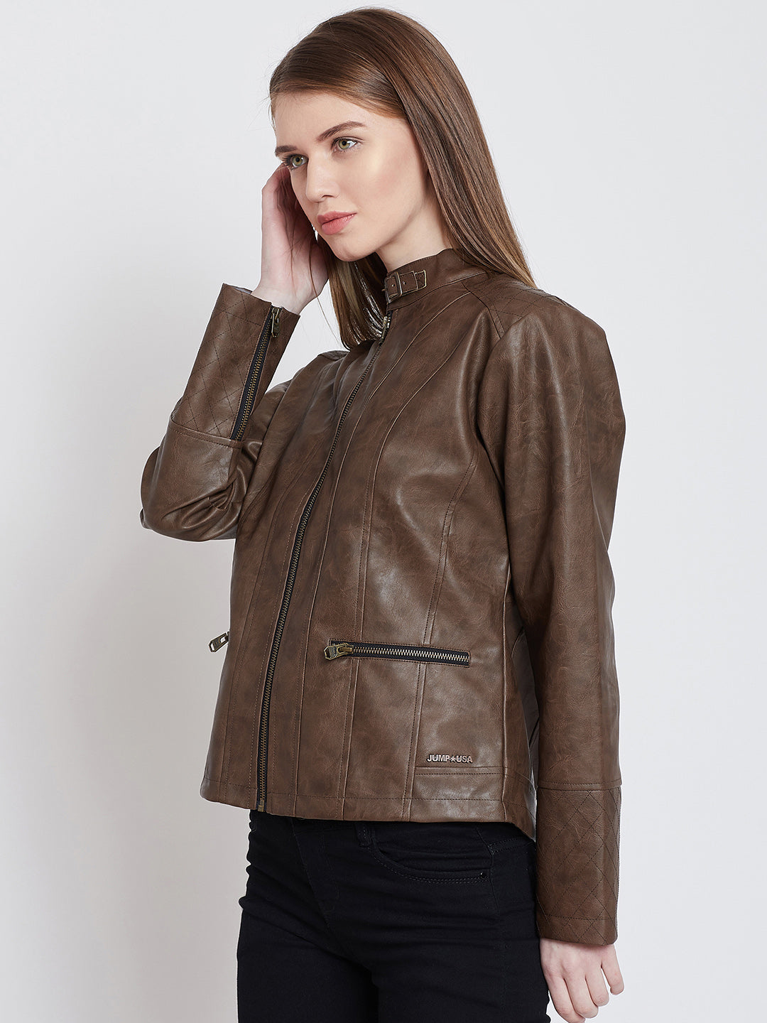 Women Casual Brown Leather Jacket - JUMP USA