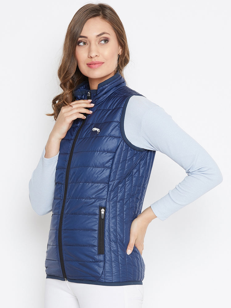 JUMP USA Women Blue Sleevless Solid Bomber Jacket - JUMP USA