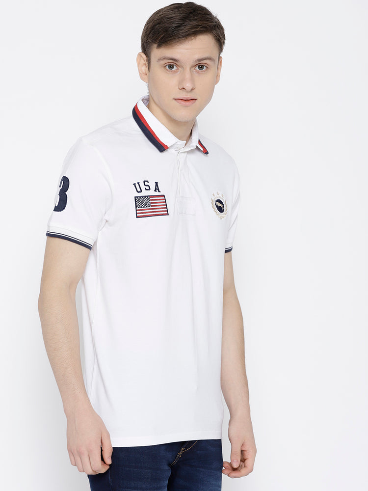 Men White Solid Polo Collar T-shirt - JUMP USA