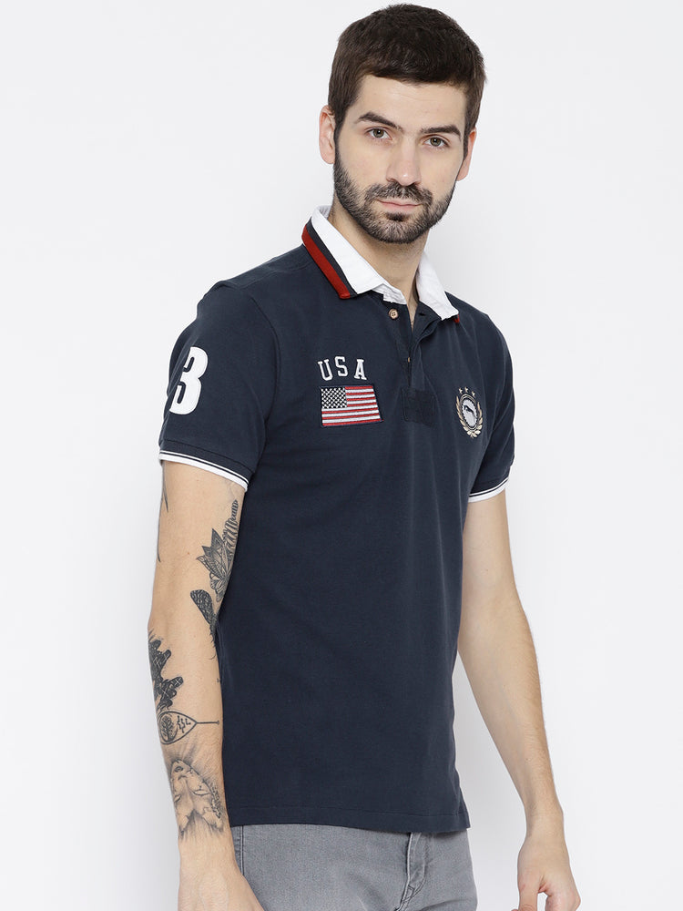 Men Navy Blue Solid Polo Collar T-shirt - JUMP USA