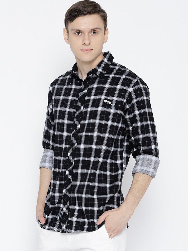 Men Black Regular Fit Checked Casual Shirt - JUMP USA