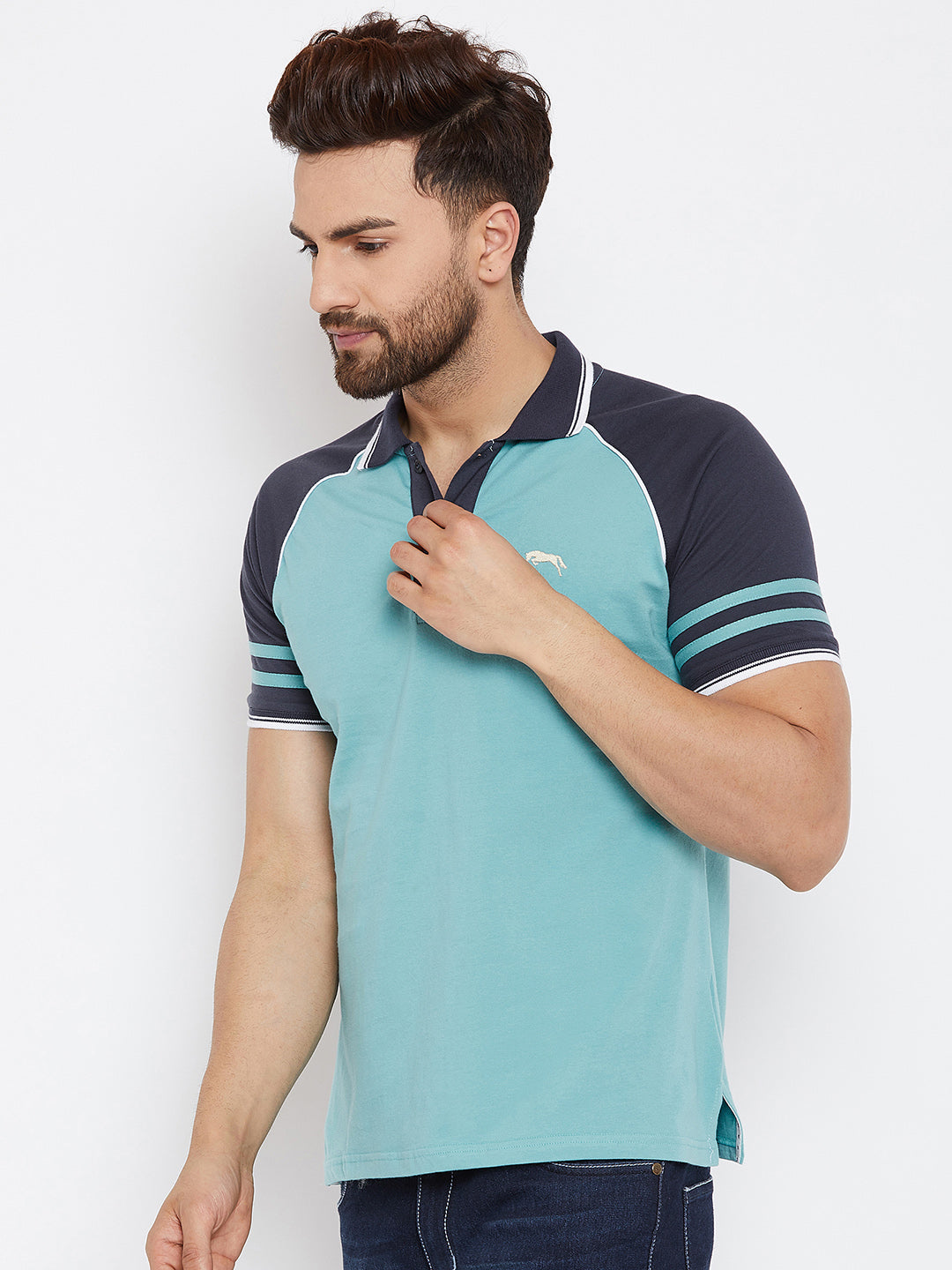 JUMP USA Men Blue Solid Polo Collar T-Shirt - JUMP USA