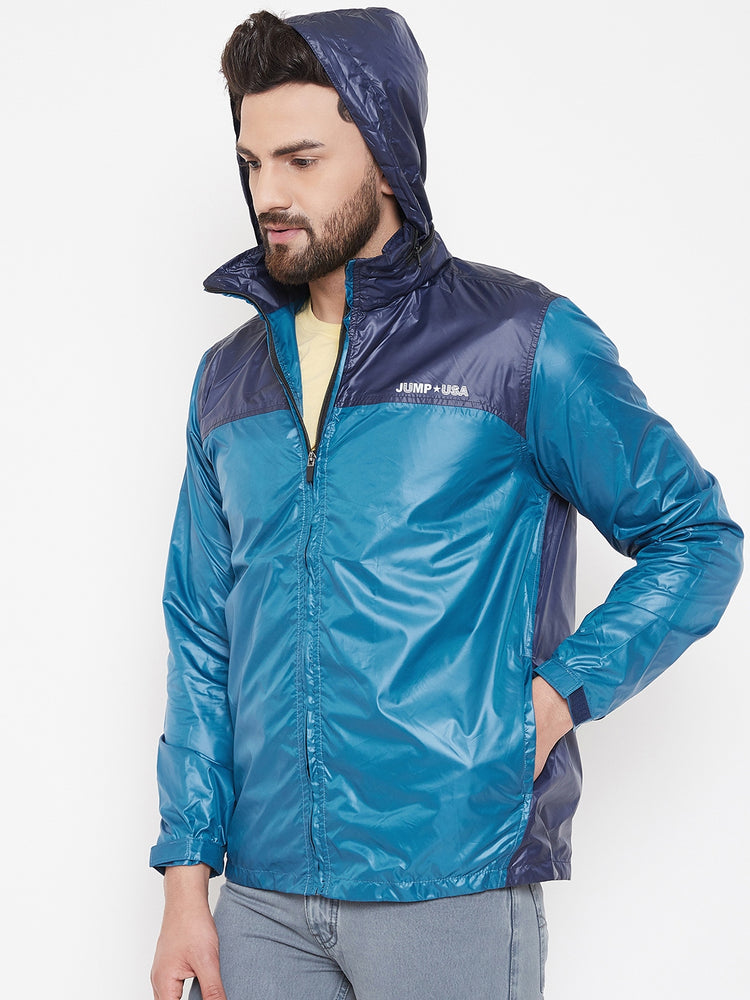 JUMP USA Men Navy Blue Colourblocked Rain Jacket - JUMP USA