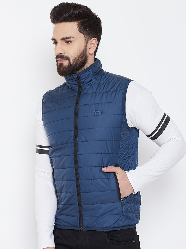 JUMP USA Men Blue Sleevless Solid Bomber Jacket - JUMP USA