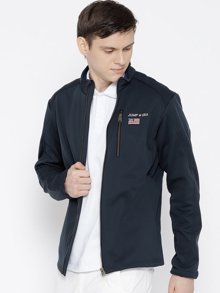 Men Navy Blue Solid Jacket - JUMP USA
