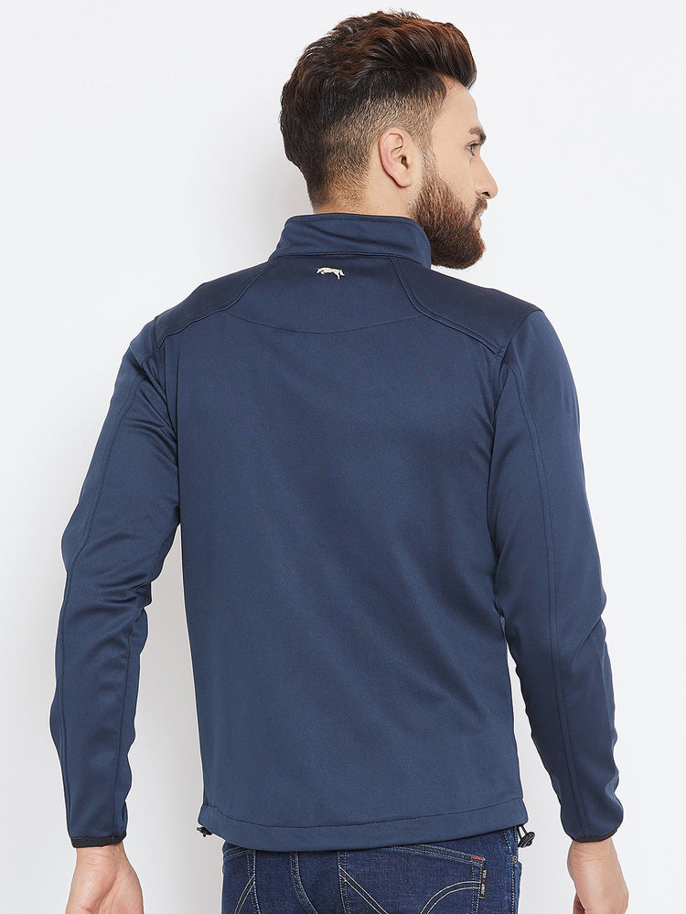 Men Navy Blue Solid Sporty Jacket - JUMP USA