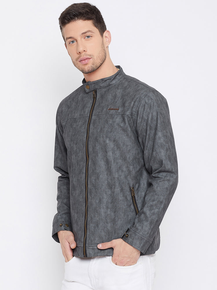 JUMP USA Men Grey Solid Casual Leather Jacket - JUMP USA