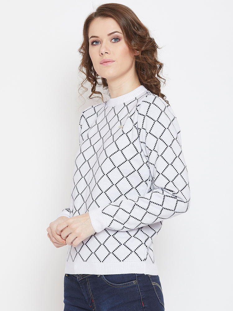JUMP USA Women White & Navy Blue Acrylic Checked Sweater - JUMP USA
