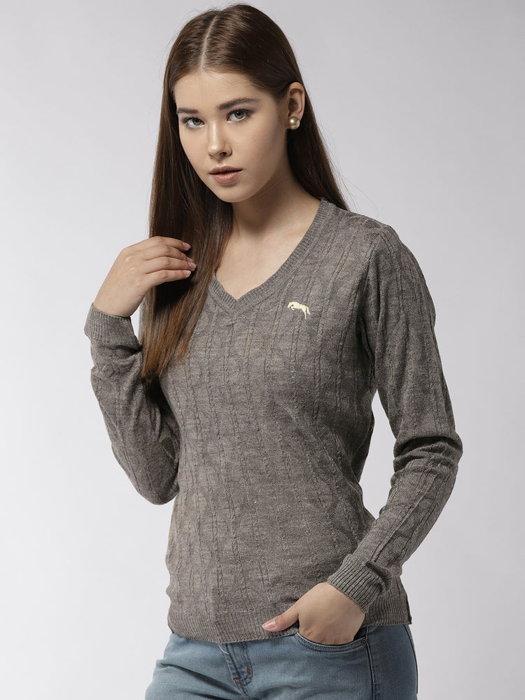Women Self Design Beige Pullover - JUMP USA