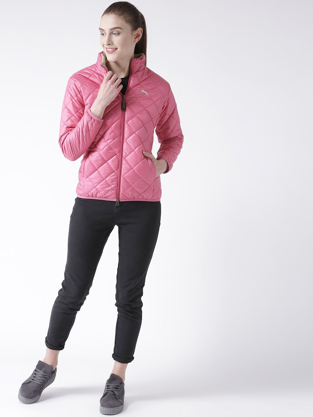 Women Polyster Casual Long Sleeve Pink Winter Jacket - JUMP USA (1568775700522)