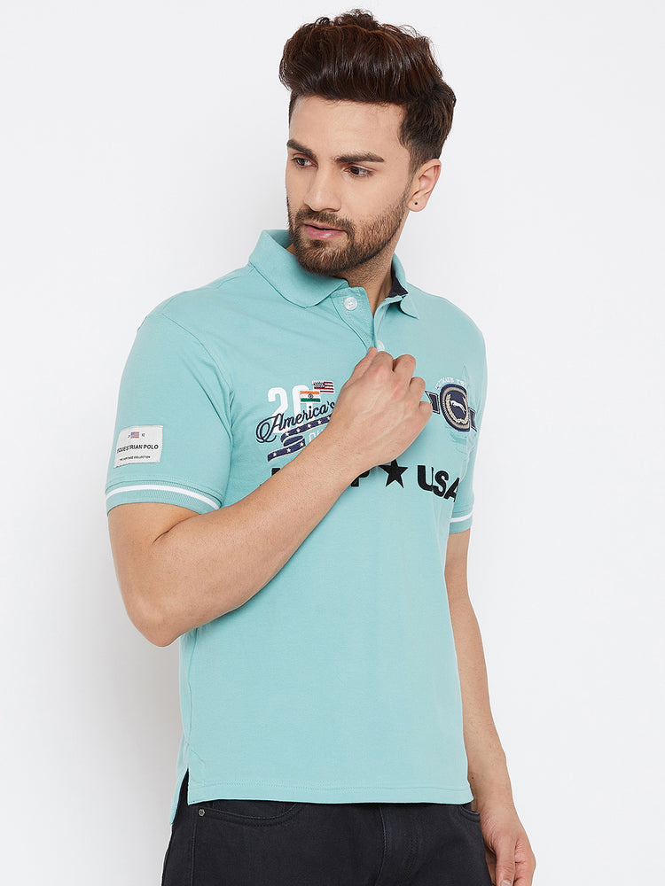 JUMP USA Men Blue Printed Polo Collar T-Shirt - JUMP USA