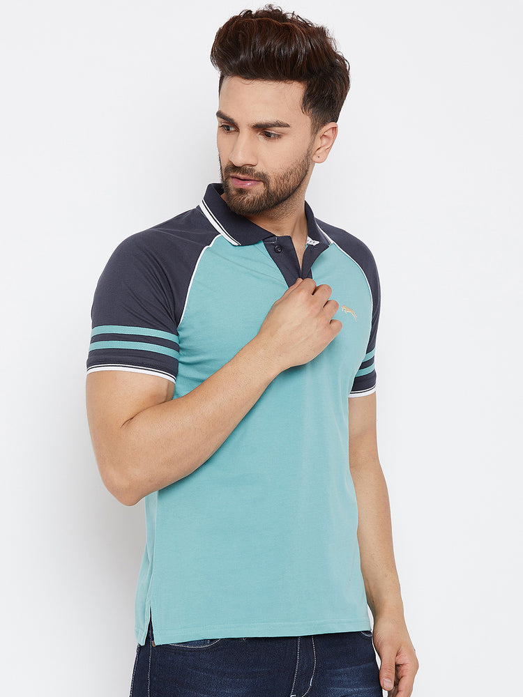 JUMP USA Men Blue Solid Polo Collar T-Shirt - JUMP USA