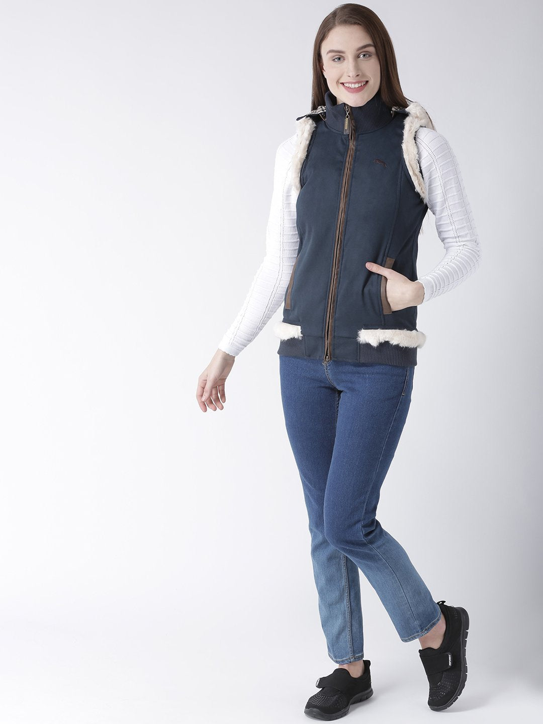 Women Polyster Casual Sleeveless Navy Winter Jacket - JUMP USA (1568776388650)