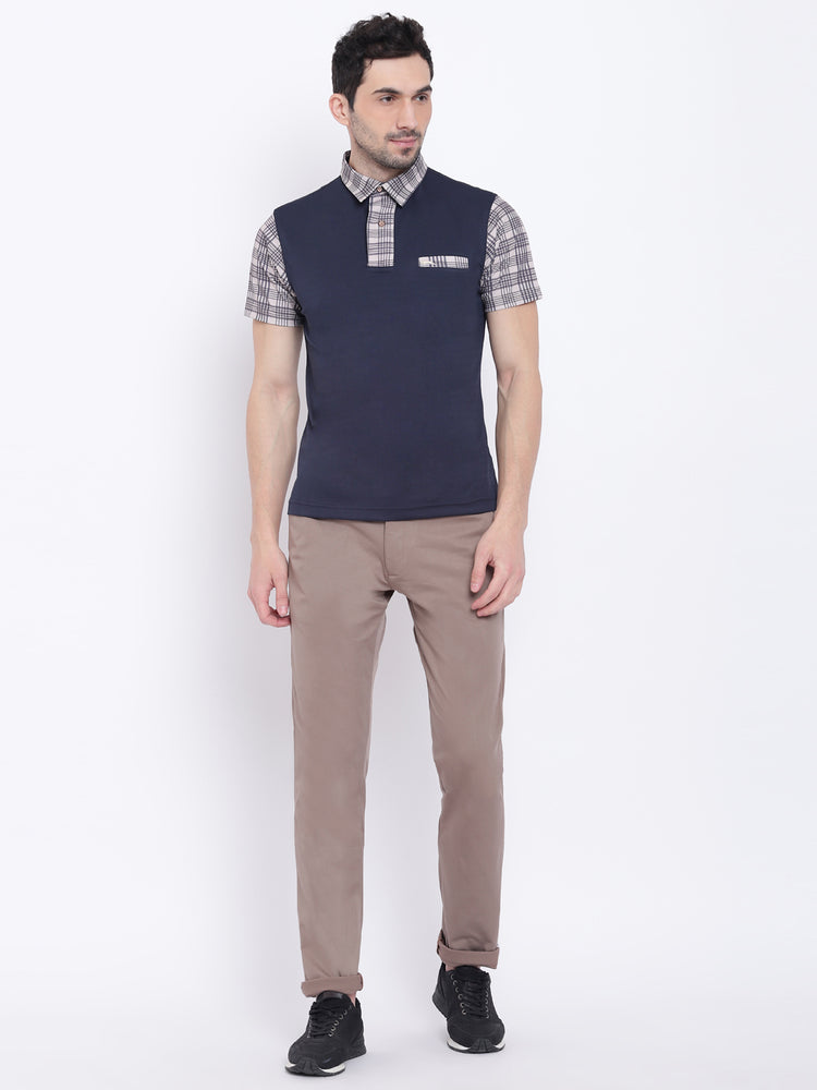 Men Casual Solid Navy Blue Polo Collar T-Shirt - JUMP USA
