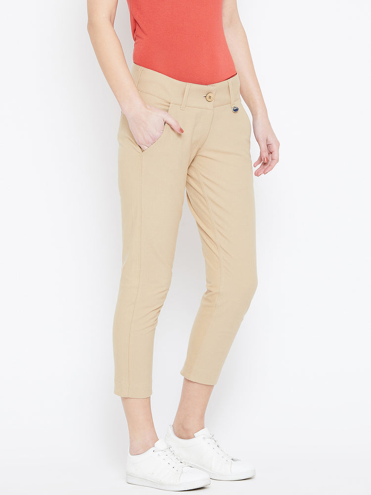 Women Beige Solid Skinny Fit Trousers - JUMP USA