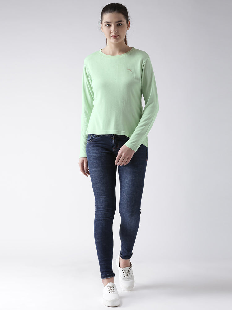 Women Teal Solid Round Neck T-shirt - JUMP USA