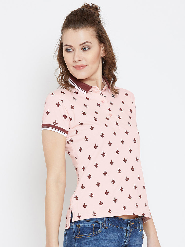 JUMP USA Women Pink Printed Polo Collar T-Shirt - JUMP USA