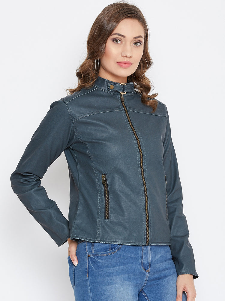 JUMP USA Women Olive Solid Casual Leather Jacket - JUMP USA