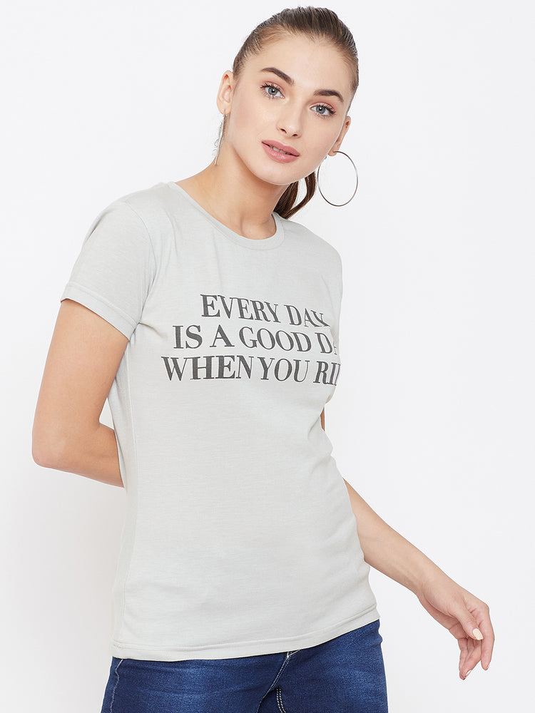 Women Grey Printed Casual Round neck T-shirt - JUMP USA