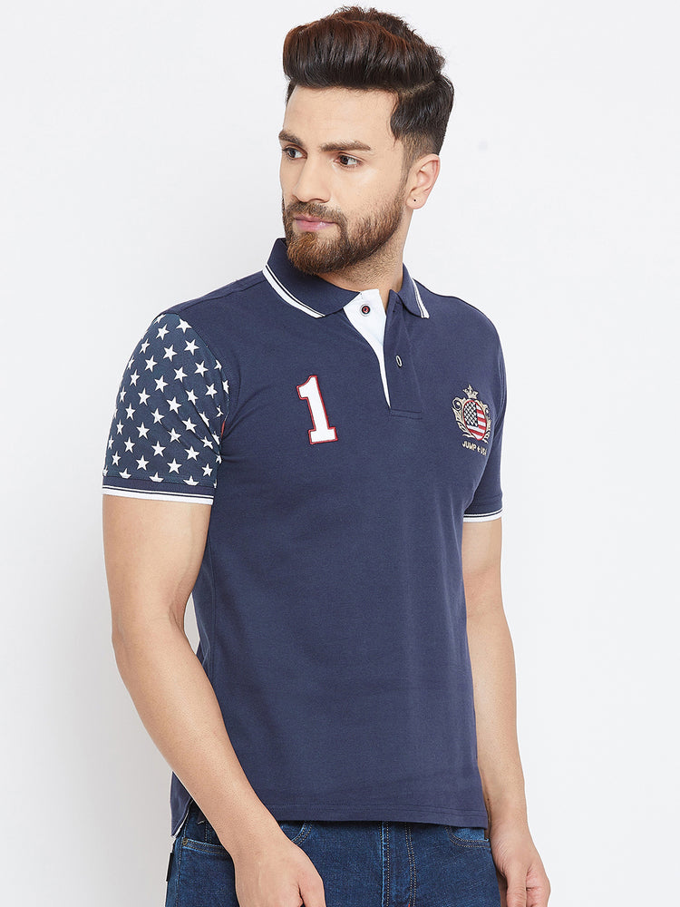 Men Navy Blue Casual Polo Collar T-shirt - JUMP USA
