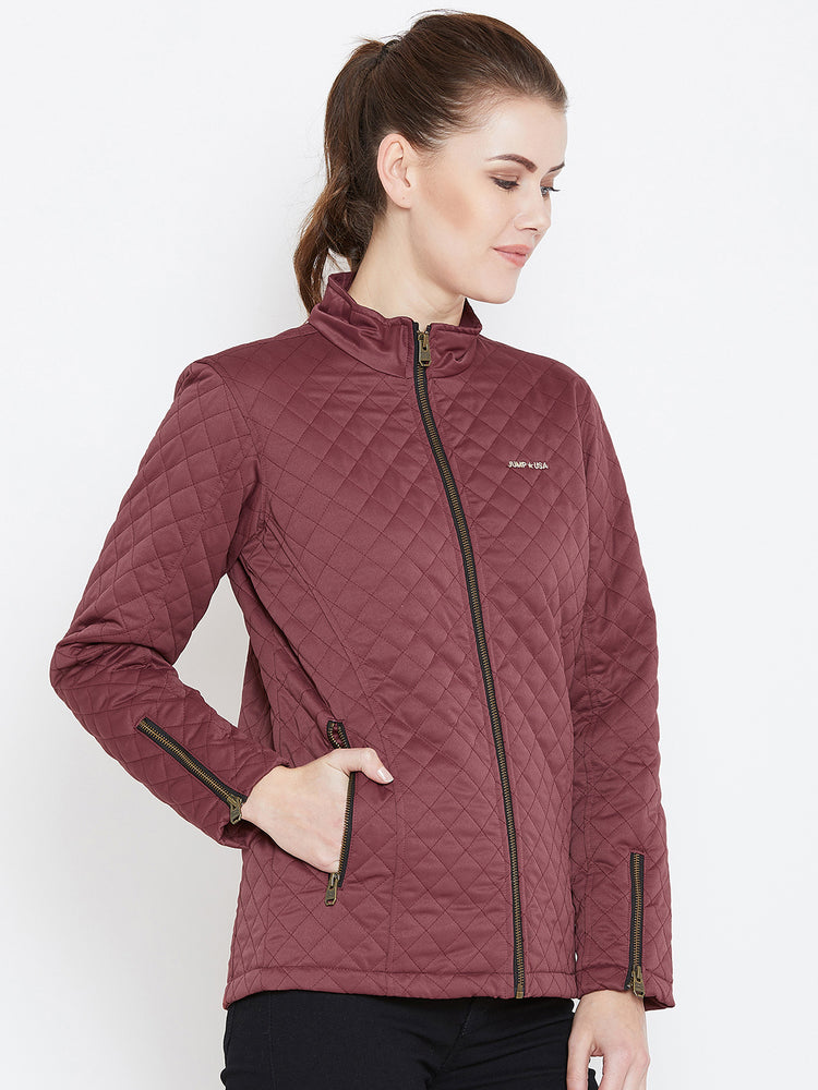 Womens Solid Wine Quilted Jacket - JUMP USA