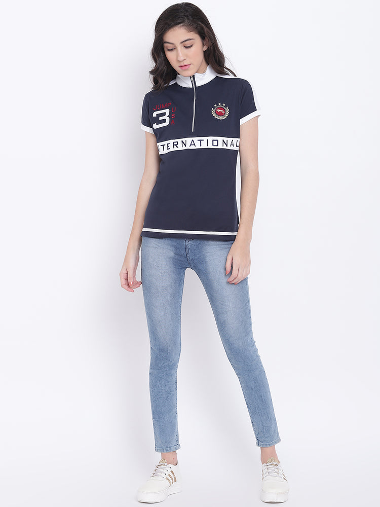 Women Navy Blue Casual Polo Collar T-Shirt - JUMP USA