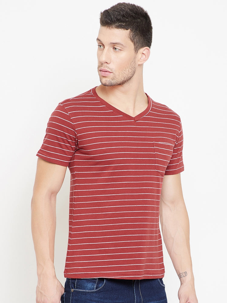 JUMP USA Men Red Striped V-neck T-shirt - JUMP USA