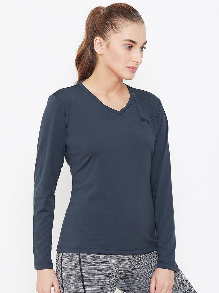 Women Navy Blue Active Wear V-Neck T-shirt - JUMP USA