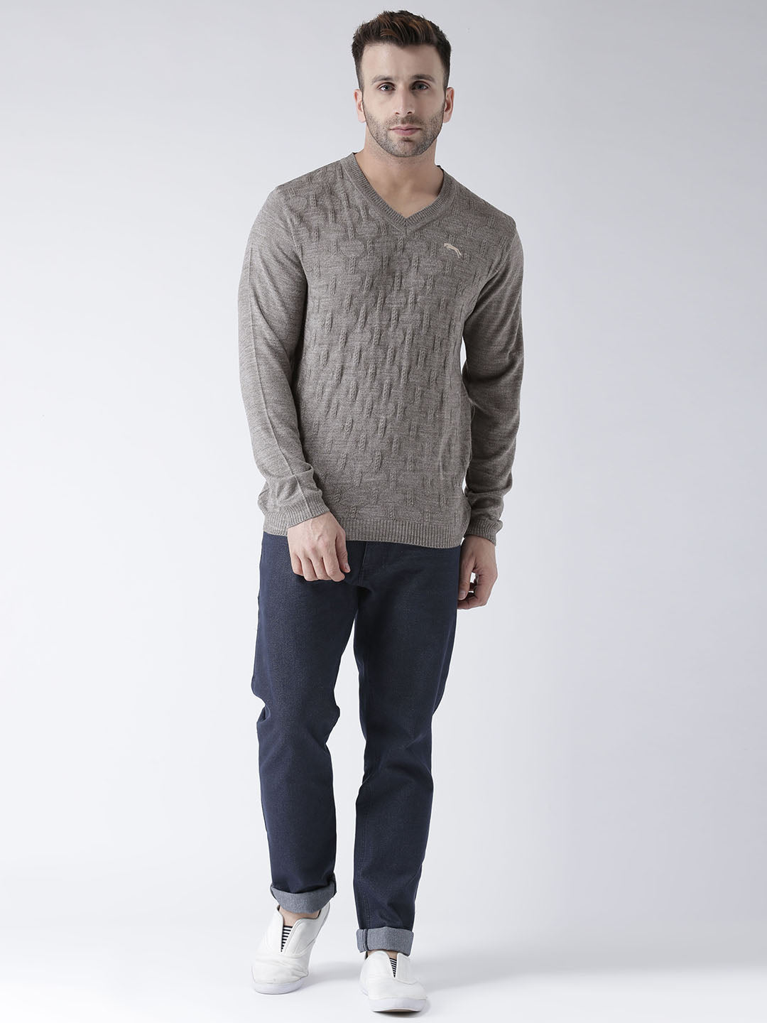 Men Beige self Design Pullover - JUMP USA