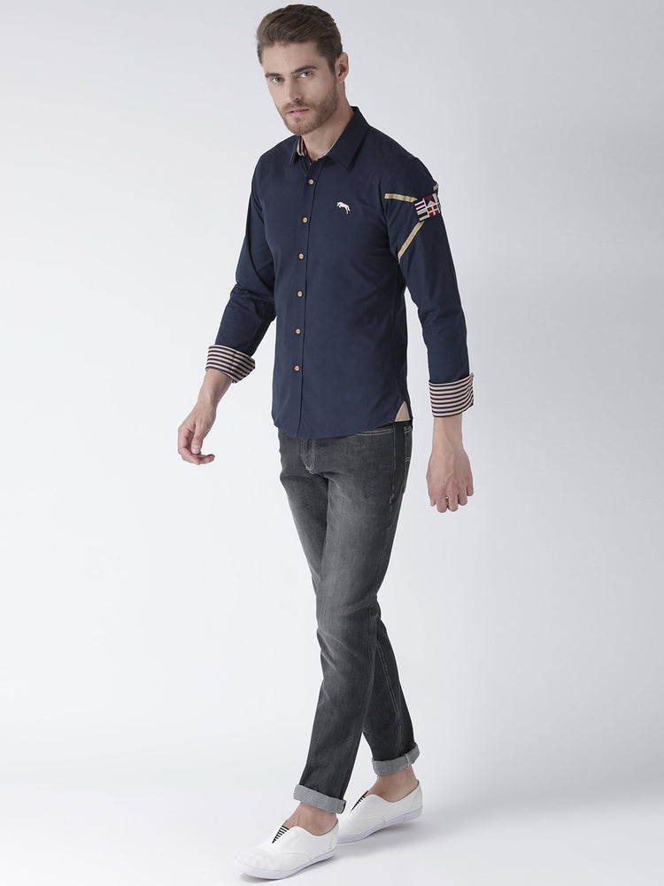 Men Navy Blue Solid Cotton Regular Fit Shirt - JUMP USA