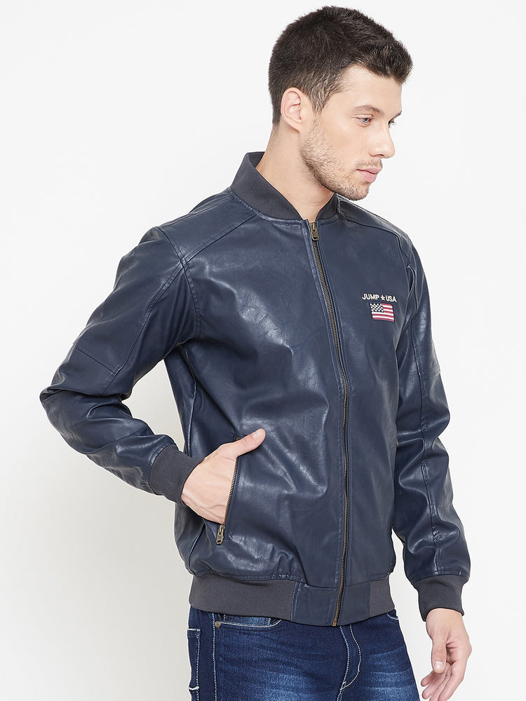 JUMP USA Navy Solid Casual PU Leather Varsity Jacket - JUMP USA
