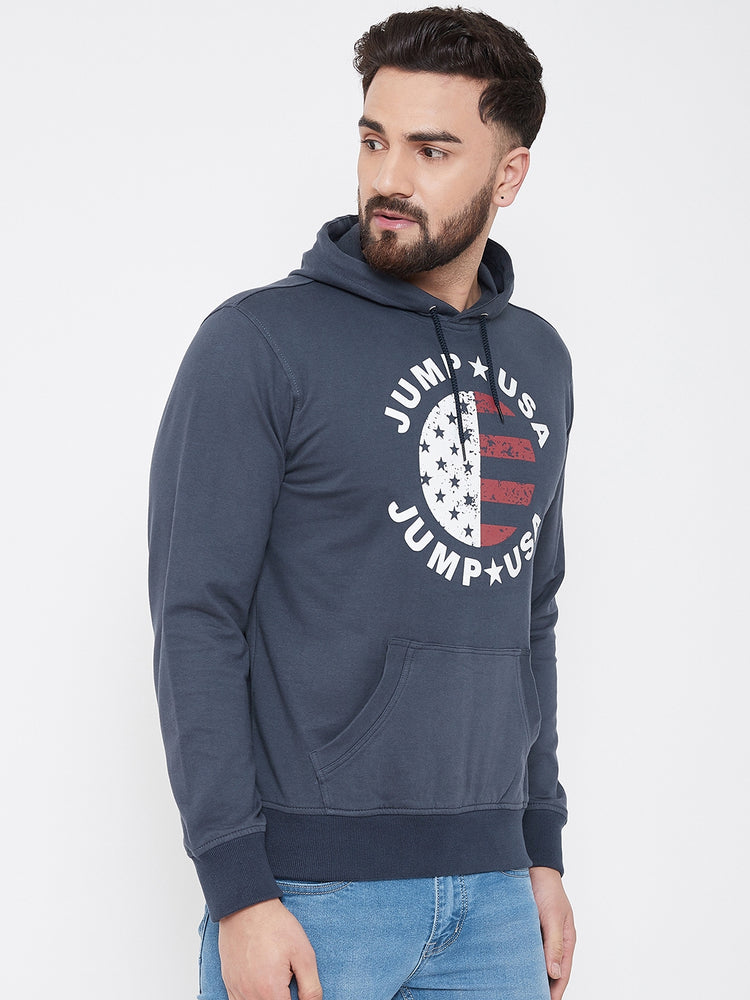 JUMP USA Men Navy Blue Self Design Hooded Sweatshirt - JUMP USA