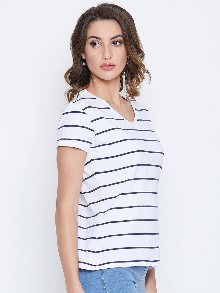 JUMP USA Women Navy Blue Striped V-neck T-shirt - JUMP USA