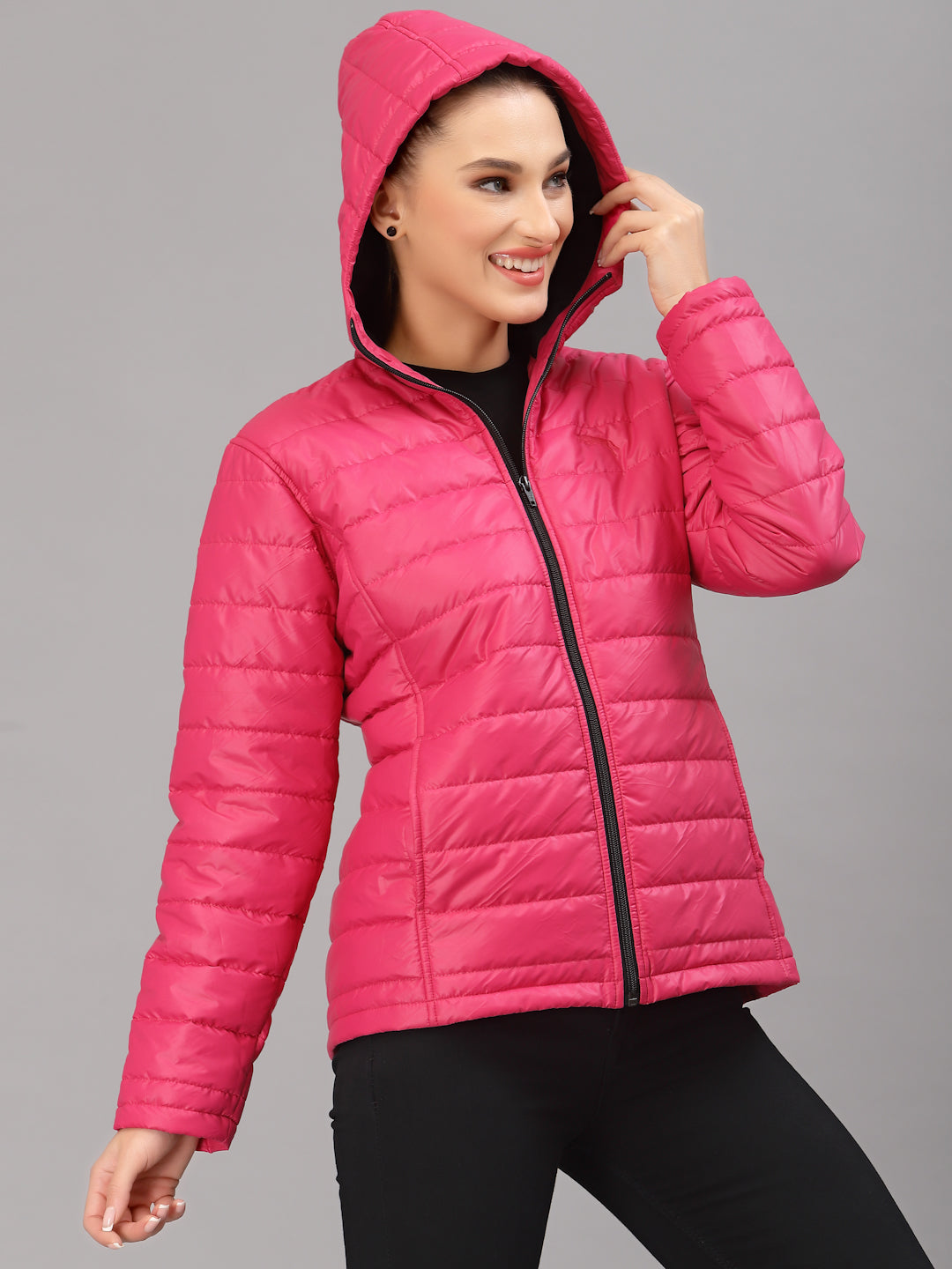 JUMP USA Women Pink Solid Active Wear Jacket With Hood