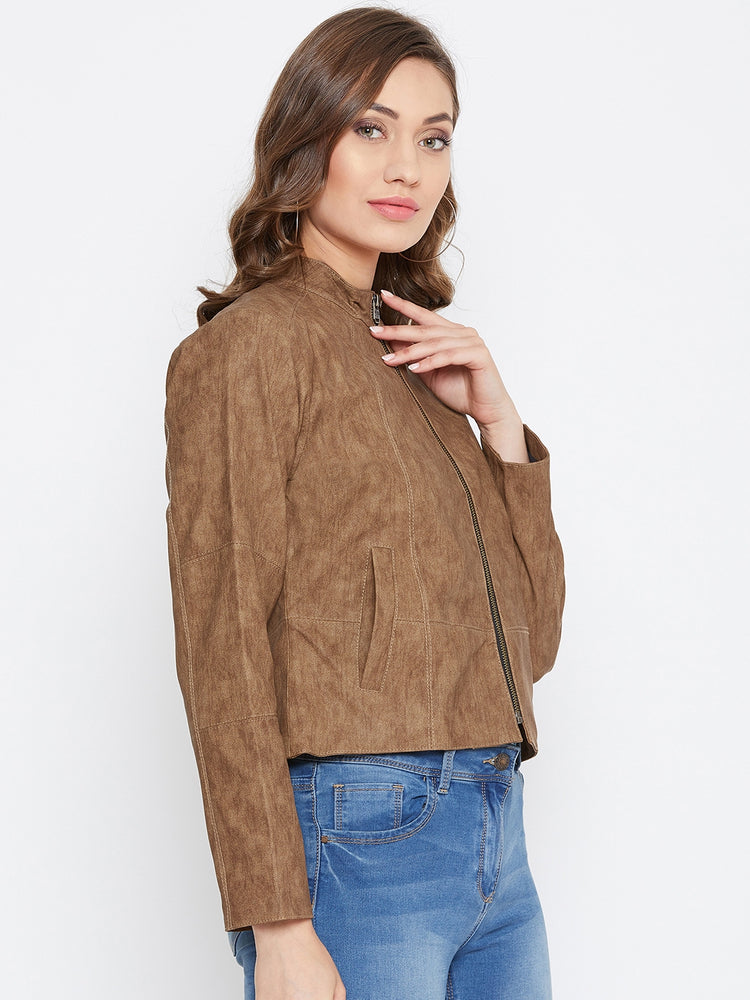 JUMP USA Women Tan Solid Casual Leather Jacket - JUMP USA
