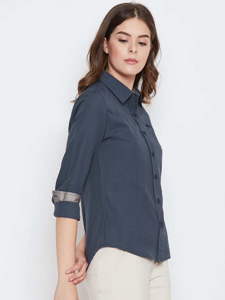 Women Navy Blue Solid Casual Slim Fit Shirt - JUMP USA