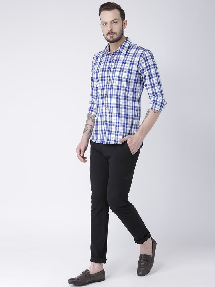 Men Navy Blue Checked Cotton Slim Fit Shirt - JUMP USA