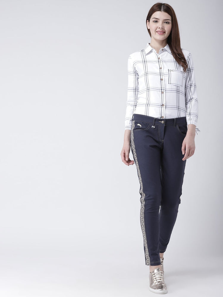Women White & Navy Blue Slim Fit Checked Casual Shirt - JUMP USA