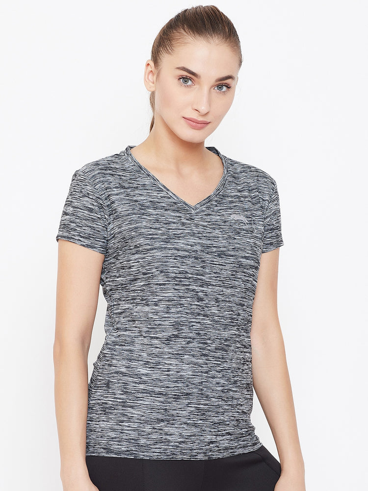 Women Black Solid Active Wear V Neck T-shirt - JUMP USA