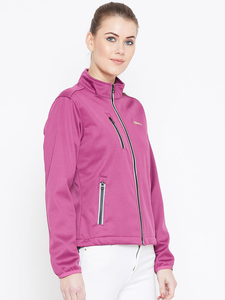 Women Maroon Solid Sporty Jacket - JUMP USA