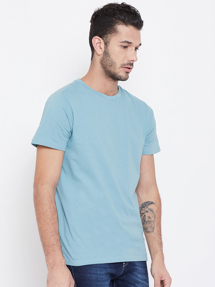 Men Blue Solid Round Neck T-shirt - JUMP USA