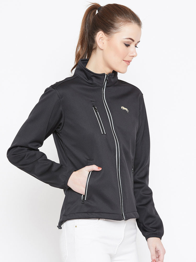 Women Black Solid Sporty Jacket - JUMP USA