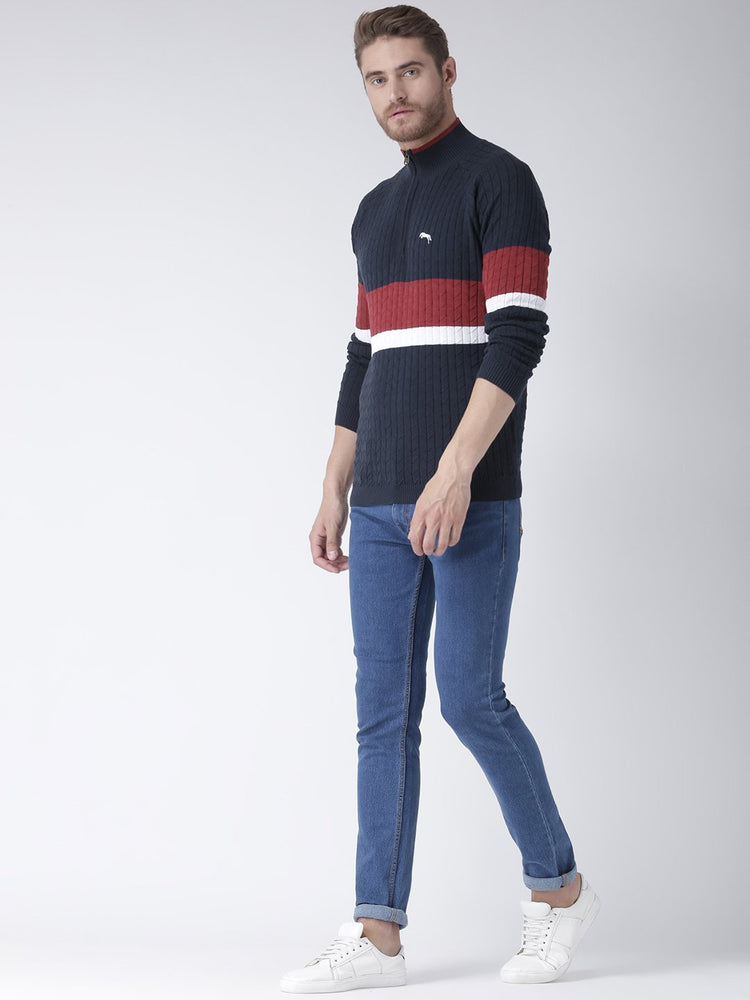 Men Navy Blue Solid Sweater - JUMP USA